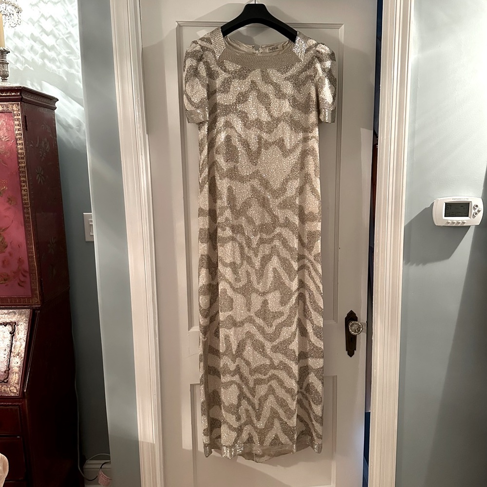 Rare Vintage Beaded Couture Mary McFadden Silver Gown